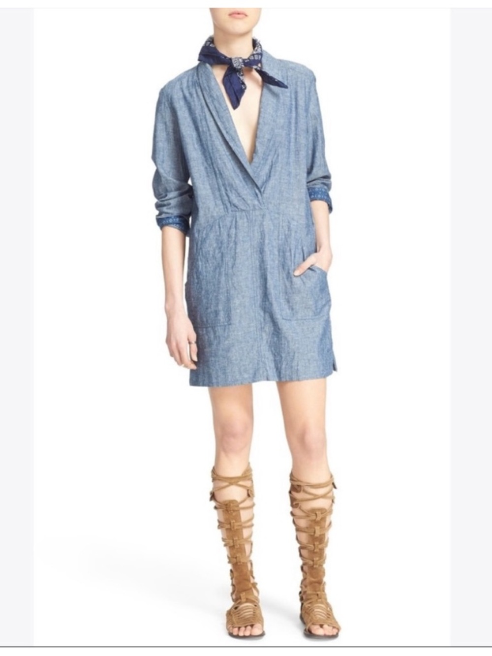Free People Done Up in Denim Chambray Dress Womens M/L Blue Linen Boho - Picture 2 of 11